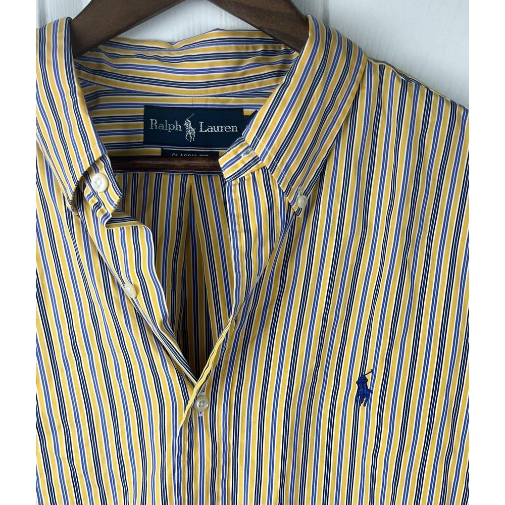 Ralph Lauren Shirt Mens XL Yellow Blue Striped Classic Fit Button Down Pony Logo